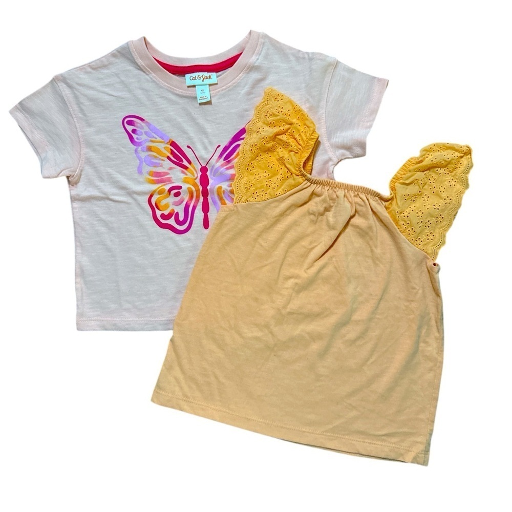 Cat & Jack Girl’s 2 Pcs Size 4 Butterfly  and Yellow Ruffle  Kids Casual TShirt